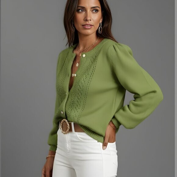 Round Neck Long Sleeve Button Front Cardigan Green - Picture 2 of 5